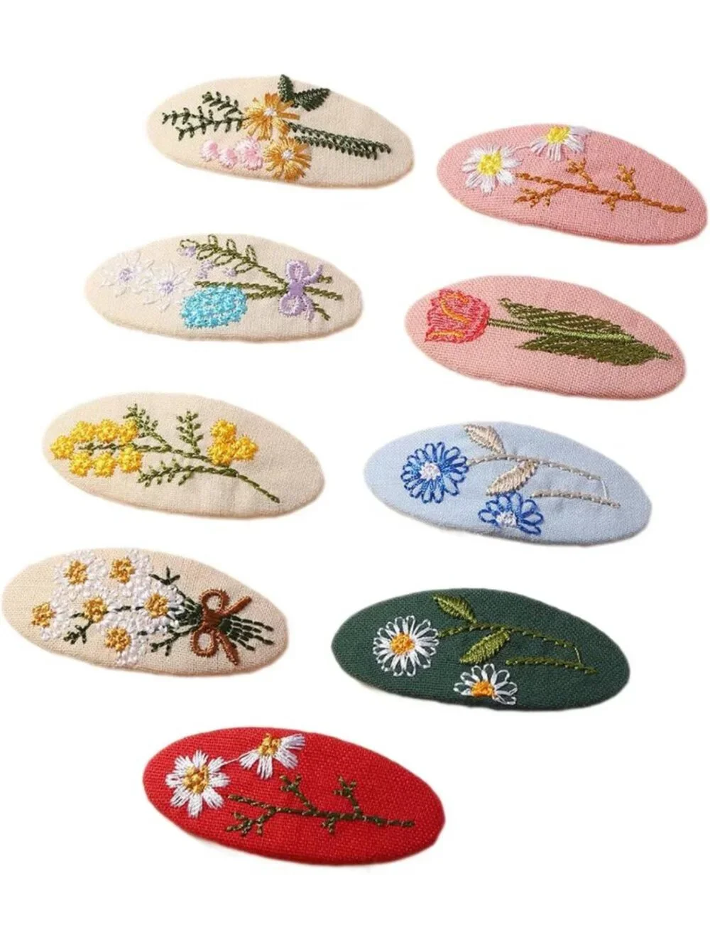 9Pcs Floral Embroidered Hair Clips - Handmade Oval Snap Barrettes, Assorted